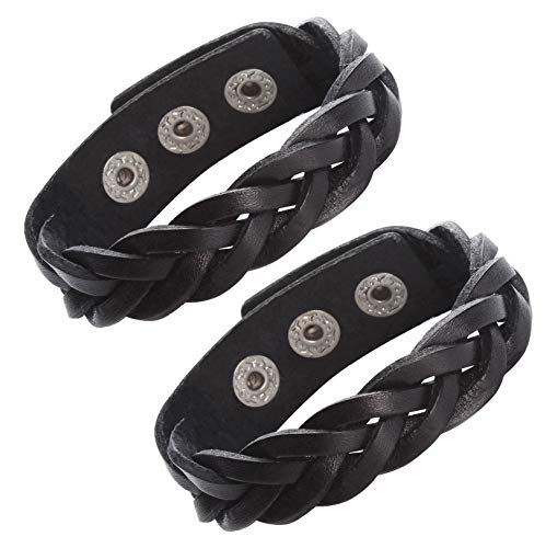 CCBFY Genuine Leather Bracelet Braided Sporty Wide Wristband Punk Jewelry for Men Women - color: Set of 2 - Black