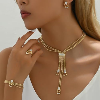 Gold Long Choker Necklace Set 18k Gold Plated Pendant Earrings Necklace Bracelet Set Simple Fashion Chain Jewelry Set For Women - style: 4 pieces