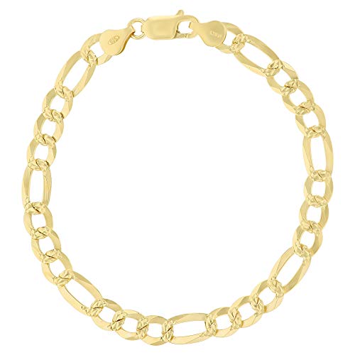 14K Gold or Rhodium Plated Silver Figaro Diamond Cut Pave Chain For Men | 1mm-13mm Thick | Solid 925 Figaro Italian Necklaces For Men - style: 6.70MM- Yellow
