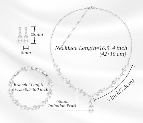 Jewelry Set for Women Bride Bridesmaid Wedding Party Prom Necklace Earrings Bracelet Set Gift for Mother Wife Friend - color: Pearl-White