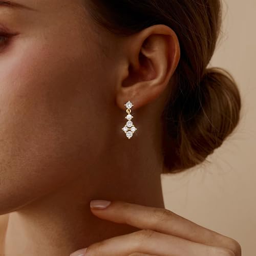 Lunvky 14K Gold Plated Dangle Earrings for Women Dainty Silver Drop Earring Trendy Long Dangling Wedding Bridesmaid Hoop Diamond Crystal Cute Earring Prom Jewelry Birthday Gifts - color: G-1 pair gold