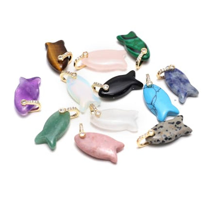 LE SKY Natural Stone Pendants Healing Crystal Gemstones with Rhinestone Charms for jewelry Making Necklace DIY Craft Gift - color: fish