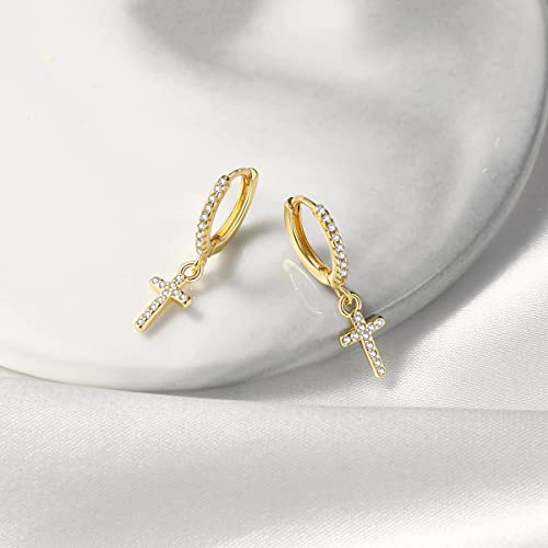DAILY VIBES Cute Gold Mini Dangle Huggie Hoop Earrings for Women Trendy | 14K Gold Plated, Dainty Cubic Zirconia, Small Hoop Earrings with Charm Drop, Jewelry Gift for Women Ladies - color: Cross CZ
