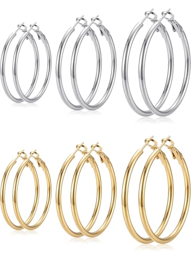 4/5/6 Pairs Gold Hoop Earrings for Women, Hypoallergenic Silver Gold Plated Stainless Steel Huggie Hoop Earrings Set Trendy Jewelry Gifts Lightweight 30/40/50/60/70MM - color: 6 Pairs gold silver Plated Hoop Earrings-40/50/60