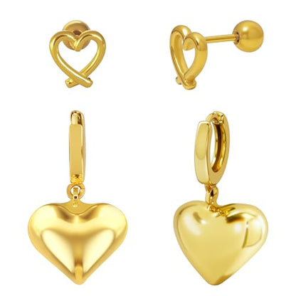 Gold Plated Post Heart Charm Huggie Earrings Stud Earrings for Women Lightweight Love Heart Drop Dangle Charm Earring