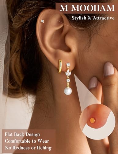 M MOOHAM Pearl Earrings for Women, 14K Gold Plated Pearl Drop Earrings | Hypoallergenic Pearl Dangle Earrings Set, Dainty Flat Back Stud Earring Stack, Bridal Shower Gifts, Wedding Jewelry - color: 14K Gold Plated