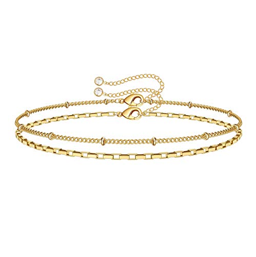 Dainty Gold Bracelets for Women, 14K Gold Plated Adjustable Layered Beads Bracelet Cute Evil Eye Oval Chain Pearl Bar Turtle Gold Bracelets for Women Jewelry - style: Layered Chain