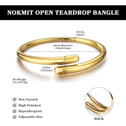14K Gold Filled Cuff Bnagle Bracelets for Women Bypass Teardrop Adjustable Wrap Open Bracelet Simple Minimalist Statement Stackable Bracelets High Polished Smooth Gold Silver Tone - color: Gold