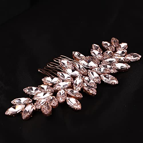 Teyglen Hair Comb, Rhinestone Crystal Hair Comb Headpiece for Women, Wedding Party Prom, Rose Gold-Pink Rhinestones Hair Piece, Size 15 *6cm/5.9 *2.36 inches, Alloy+Rhinestones, 1 Count - color: Rose Gold-Pink Rhinestones