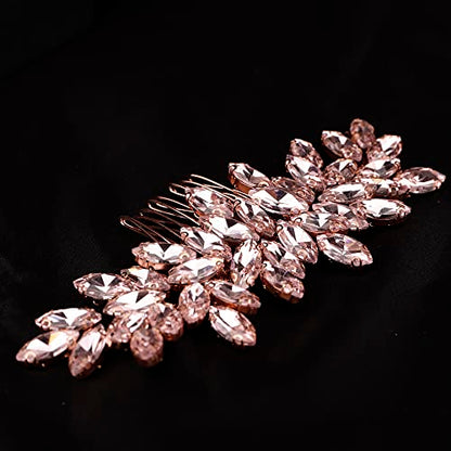 Teyglen Hair Comb, Rhinestone Crystal Hair Comb Headpiece for Women, Wedding Party Prom, Rose Gold-Pink Rhinestones Hair Piece, Size 15 *6cm/5.9 *2.36 inches, Alloy+Rhinestones, 1 Count - color: Rose Gold-Pink Rhinestones