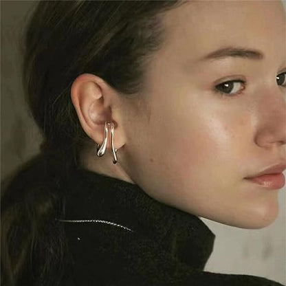 Minimalist Double Line Teardrop Cuff Wrap Clip on Earrings for Women Non Pierced Ear Unique Design 14K Gold Plated Silver Fake Hoop Hypoallergenic Fashion Trendy Jewelry - color: silver