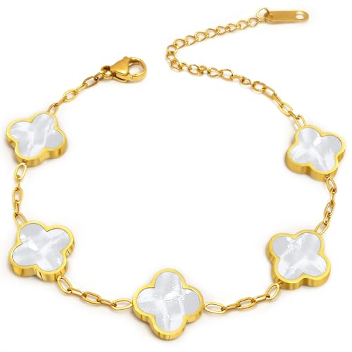 Four Leaf Clover Bracelet 18K Gold Plated Bracelets for Women Lucky Flower Design Stainless Steel Hypoallergenic Link Chain Adjustable Dainty Trendy Jewelry Gifts for Women - color: White