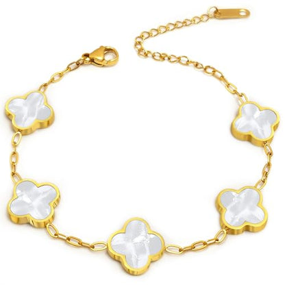 Four Leaf Clover Bracelet 18K Gold Plated Bracelets for Women Lucky Flower Design Stainless Steel Hypoallergenic Link Chain Adjustable Dainty Trendy Jewelry Gifts for Women - color: White