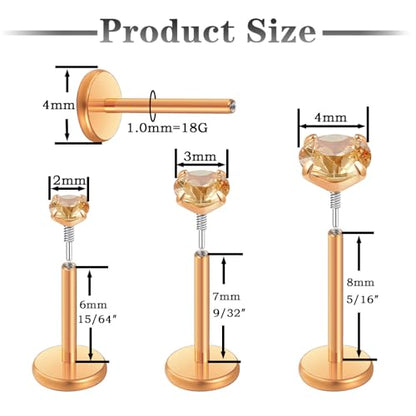 Gotumo 20G 18G 16G Flat Back Earrings Stud Nose Ring Titanium Internal Thread Tragus Labret Cartilage Lip Medusa Conch Body Piercing Jewelry Nose Stud Hypoallergenic for Women Men - color: Rose Gold, size: 18G Bar-6/7/8mm & CZ-2/3/4mm