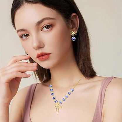NEWITIN 2 Pieces Summer Beach Jewelry for Women Chunky Beaded Necklace Bracelet Trendy Big Resin Beaded Choker Boho Charm Statement Colorful Jewelry Set for Women - color: Gold Bow A