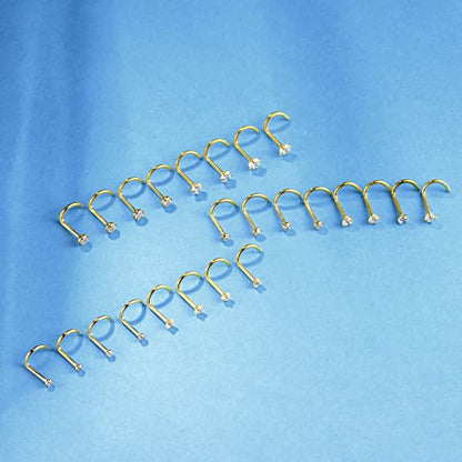 8PCS G23 Titanium Twist Screw Nose Studs 18G 20G Nose Rings 2mm 2.5mm 3mm Clear Pink Purple Aurora CZ Gold Nose Piercing Studs Nostril for Women Men - style: 18g gold clear cz 2.5mm