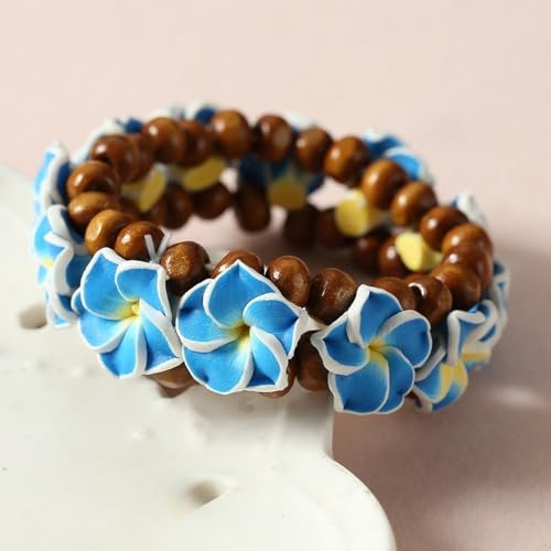 Pingyongchang Boho Hawaiian Plumeria Rubra Bracelets for Women Handmade Colorful Tropical Flower Wooden Beads Stretch Bracelet Summer Beach Holiday Jewelry Gifts - color: Blue