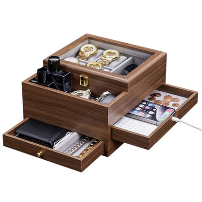 Homde Wooden Watch Box for Men: 3-Layer Organizer with 4 Watch Pillow | 4 Watch Pillows and 2 Drawers for Jewelry and Accessories-Nightstand Display-Clear Lid and Charging Hole for Easy Access
