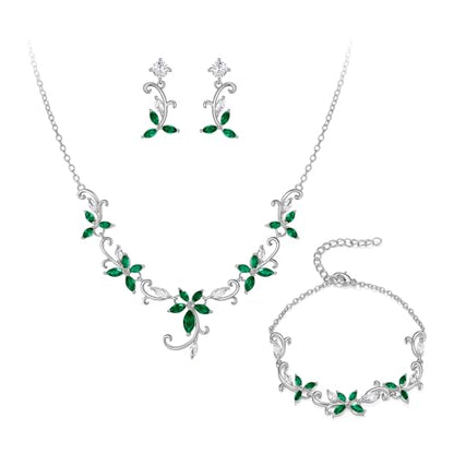 Crysdue Flower Leaf Wedding Jewelry Set for Bridal Bridemaid, Cubic Zirconia Teardrop Elegant Silver/14K/Rose Gold Plated Vine Necklace Dangle Earrings for Prom Party - style: B_Three Set Green