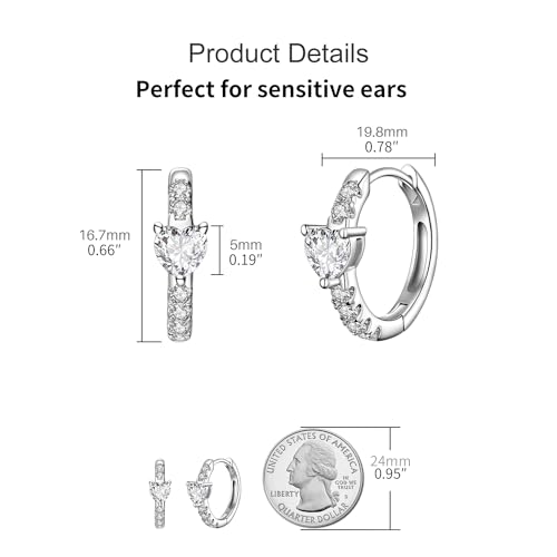 JSGEMSLEE Hypoallergenic Cubic Zirconia Hoop Earrings for Women 925 Sterling Silver Huggie Hoops Earrings CZ Earrings Jewelry Gifts - color: Heart CZ Hoop
