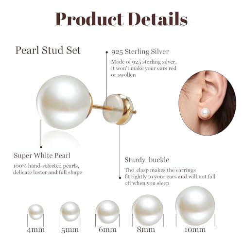 4 Pairs Pearl Stud Earrings Sterling Silver Earring Set | 14K Plated Gold Hypoallergenic Earring stud Large size Round pearl 8mm-14mm Set Earrings for women - style: Round-5 Pairs
