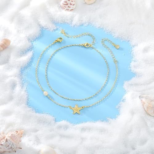 Gold Anklet Set for Women, Layered Beach Anklets | Layered gold-tone ankle bracelets, designed for beach days, vacations, and summer wear - style: Gold Anklet 5
