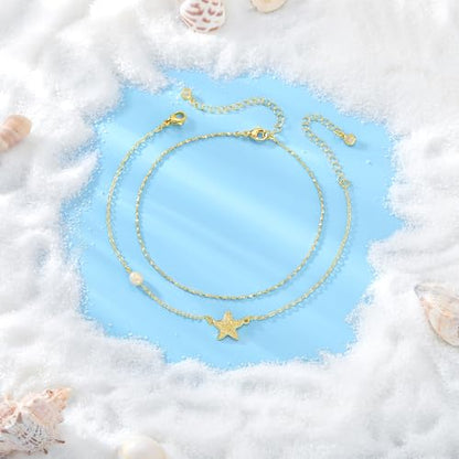 Gold Anklet Set for Women, Layered Beach Anklets | Layered gold-tone ankle bracelets, designed for beach days, vacations, and summer wear - style: Gold Anklet 5