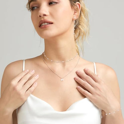 Zeffy Gold Pearl Necklace for Women, Dainty 14K Gold/Silve Plated Layered Pearl Choker Pearl Earrings Pearl Bracelets Wedding Trendy Gold Jewelry Set for Women Gifts - style: Silver Pearl Necklace&Drop Earring&Bracelet-4PCS