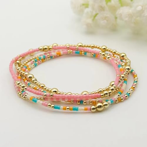 5Pcs Stack Gold Plated Ball Beaded Bracelets Set for Women, Boho Handmade Colorful Glass Pearl Stretch Accessories Jewelry, Summer Beach Daily Wear Holiday Friendship Gift - color: Pink