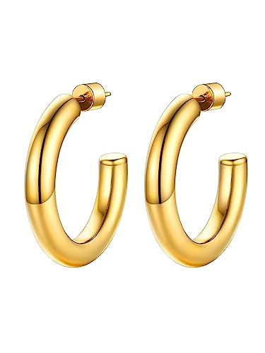 PROSTEEL Chunky Hoop Earrings for Women 14K Gold Plated/Black/Silver | 20/30/40/50/60/70/80mm Stainless Steel Thick Big Round Hoop with Waterproof and Non Tarnish Trendy Jewelry with Gift Box - color: 2. Gold, size: 30MM