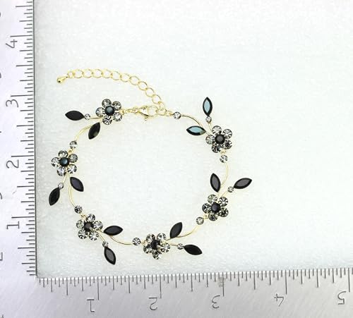 Faship Gorgeous Rhinestone Crystal Floral Necklace Earrings Set - color: Black / gold plated / Matching Bracelet