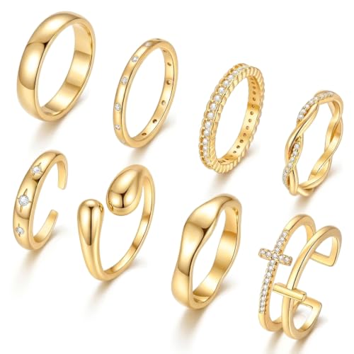 iF YOU Non Tarnish Chunky Gold Rings for Women, 14K Gold Plated Dainty Stackable Cross Cubic Zirconia Ring Set, Knuckle Stacking Pinky Thumb Ring Statement Wedding Bands Jewelry Size 4.5-10 - color: Gold-diamond cross