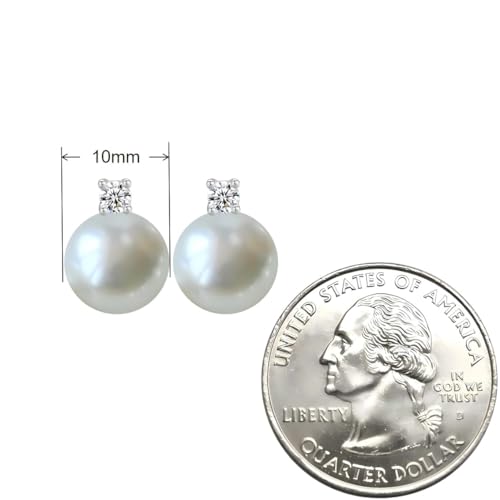 Faux Pearl Cubic Zirconia Stud Earrings, Hypoallergenic Lightweight Round Pearl Studs for Women - color: White, size: Pearl 10mm-CZ 3mm