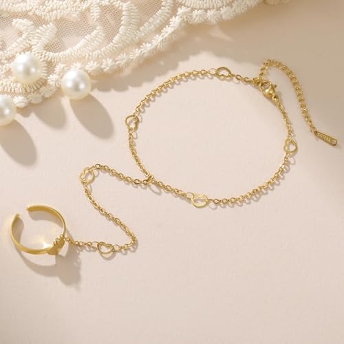 UNIFT Hand Chain Bracelets for Women Set Stainless Steel Adjustable Heart or Four-Leaf Clover Ring Chain Bracelet Trendy Dainty Jewelry Set Gifts - color: gold1