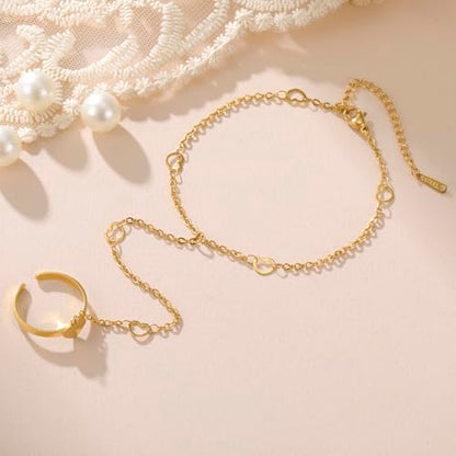UNIFT Hand Chain Bracelets for Women Set Stainless Steel Adjustable Heart or Four-Leaf Clover Ring Chain Bracelet Trendy Dainty Jewelry Set Gifts - color: gold1