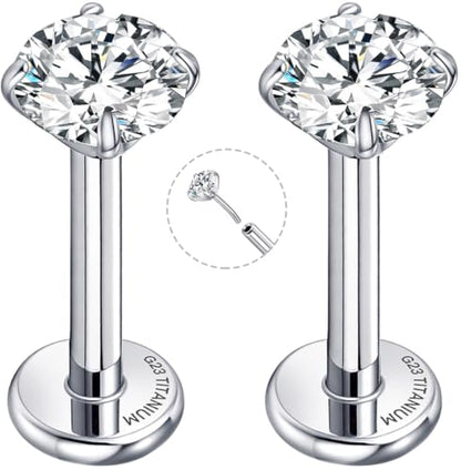 Threadless Flat Back Earrings for Tragus, Helix, Conch, Daith, Cartilage Piercings - G23 Titanium Flatback Stud Earrings with Grade AAAAA Cubic Zirconia - Threadless Flat Back Nose Stud Push Pin Ring Earring Studs (18g, 16g, 20g - 6mm, 8mm) - color: Silve