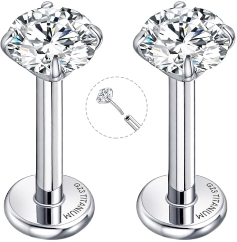 Threadless Flat Back Earrings for Tragus, Helix, Conch, Daith, Cartilage Piercings - G23 Titanium Flatback Stud Earrings with Grade AAAAA Cubic Zirconia - Threadless Flat Back Nose Stud Push Pin Ring Earring Studs (18g, 16g, 20g - 6mm, 8mm) - color: Silve