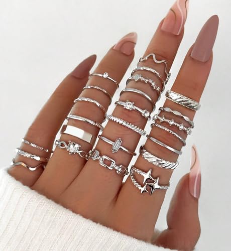 iF YOU 25 Pcs Gold Stackable Ring Set for Women, Chunky Knuckle Finger Midi Rings, Silver Simple Stacking Cute Rings Pack Trendy Stuff Jewelry Gift - style: 24 Silver thin rings