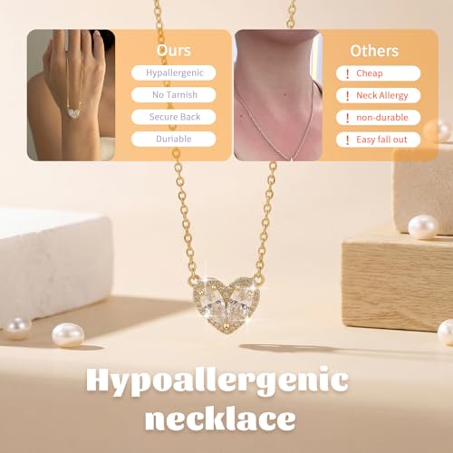 Cubic Zirconia Heart Pendant Necklace, 14K Gold Plated Pave Heart Necklace for Women, Faux Diamond Heart Pendant Necklace, Valentine’s Day, Birthday & Anniversary - color: 14K Gold X-5175