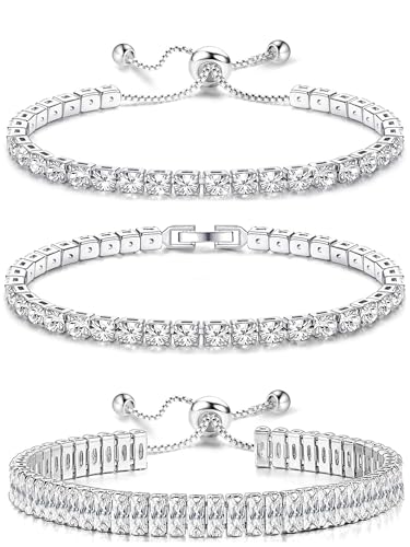 YADOCA 3Pcs Silver Tennis Bracelets For Women Diamond Bracelets Jewelry | Silver Bracelet Stack Cubic Zirconia CZ Adjustable Stackable Bracelets Set For Prom Wedding Gift - style: B:Simple