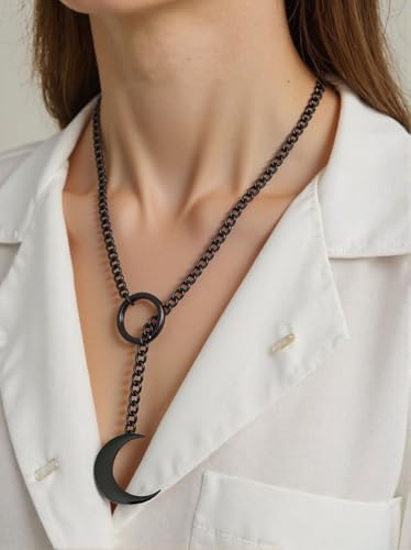 Choker Necklace for Women Gothic Goth Stainless Steel Slip Chain Chunky Long Drop Mens Punk Necklace Jewelry Gift - style: Black Moon