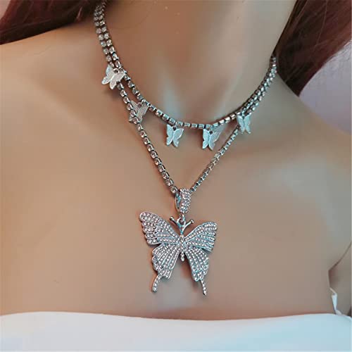 2Pcs Layered Hip Hop Shiny Rhinestone Bead Chunky Chain Butterfly Pendant Necklace Punk Crystal Cuban Link Chain Choker Collar Necklace for Women Party Birthday BarJewelry Gift - color: D silver choker