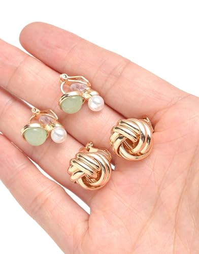 Tornito 10-15 Pairs Clip on Stud Earrings Non Pierced Teardrop Round Square CZ Pearl Twist Knot Flower Butterfly Heart Star Rainbow Cat Opal Clip on Earrings for Women - color: G:10 Pairs