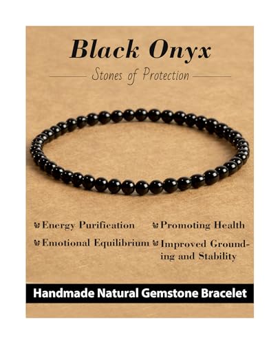 Natural Stone Beaded Bracelets for Men Women, 4mm 6mm 8mm | Healing Crystal, Protection Gemstone, Gift Packaging with Energy Card, Stretch Jewelry, Replacement Beads Included, 18 Stone - color: Black Onyx(Protection & Energy), size: 4mm