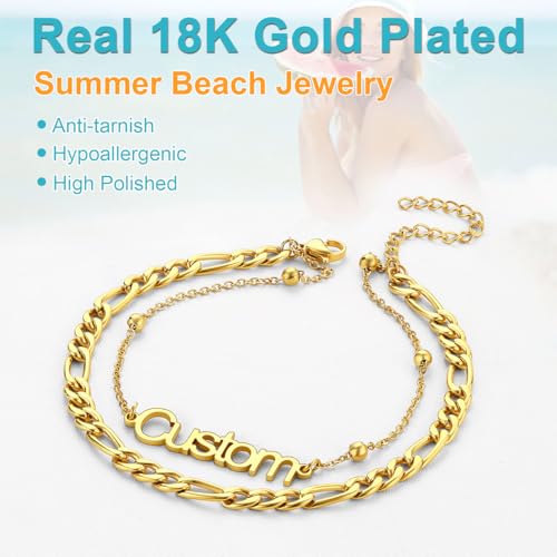 U7 Custom Layered Ankle Bracelets for Women Stainless Steel Bead/Cuban/Figaro/Rope/Wheat Chain Anklet Waterproof Anklet Jewelry for Beach Vacation - color: a-Gold Plated-Figaro Chain