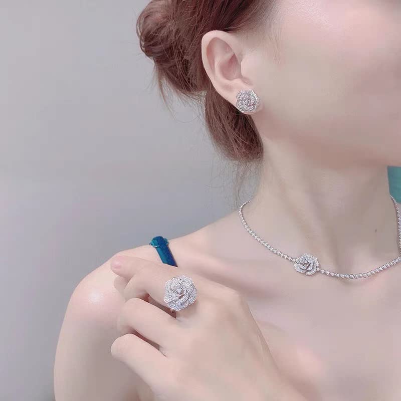 Cocktail Rings Silver Rose Flower Ring for Women Adjustable 18K Gold Plated Snowflake Open Wrap Wedding Statement Valentine Gift for Lover Wife Christmas - style: JZ06 Flower Ring-Silver