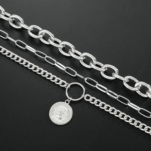 Layered Necklace Set Women - Cuban Paperclip Coin Pendant Silver | 3 pcs chunky stackable set, Trendy toggle clasp, Mixed link texture, Coin charm detail, Perfect layered jewelry gift - color: Silver