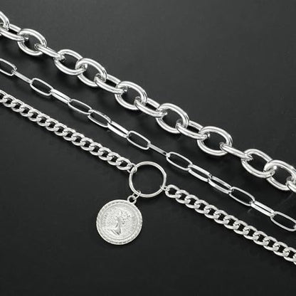 Layered Necklace Set Women - Cuban Paperclip Coin Pendant Silver | 3 pcs chunky stackable set, Trendy toggle clasp, Mixed link texture, Coin charm detail, Perfect layered jewelry gift - color: Silver