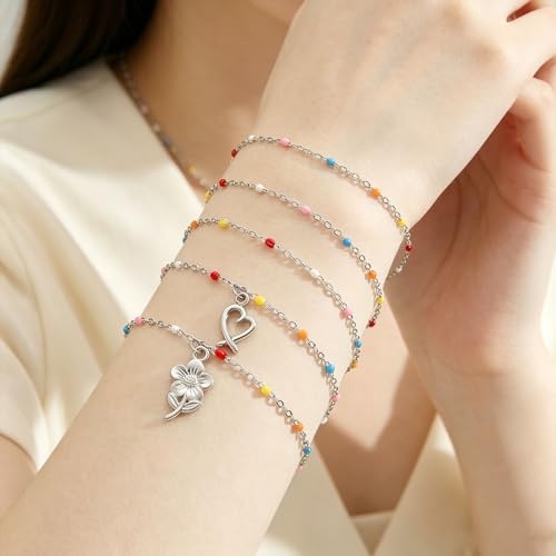 6 PCS Enamel Beaded Chains Bracelet Stainless Steel Link Bracelets | 6.7"+1.18", With Extender Chain, Fashion Jewelry Set, Gift For Women, Colorful, No Fade - color: Colorful Silver