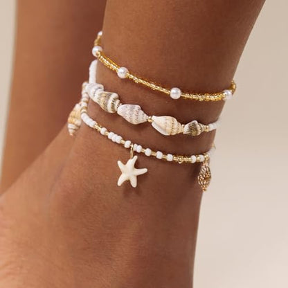 Cicy Bell Boho Ankle Bracelets Set for Women Beach Jewelry Bead Anklets | Hawaiian Shell Starfish Charm,Adjustable,Waterproof Non Tarnish,Summer Vacation Foot Jewelry - color: Gold B
